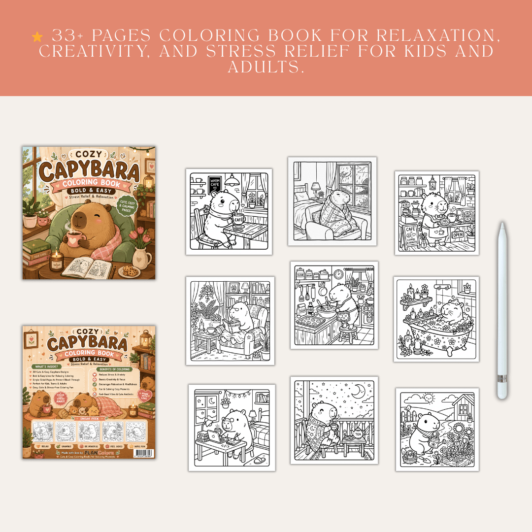 Cozy Capybara Coloring Book - Stress Relief for Adults & Kids